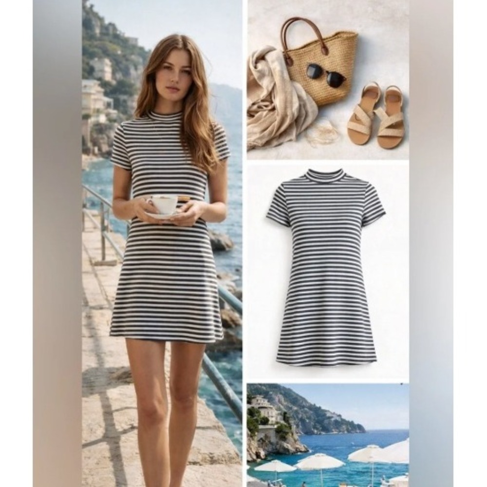 FP Beach Free People Striped Mock Neck Mini Dress Black White Short Sleeve M